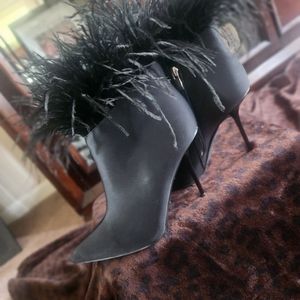 BLK Ostrich Feather and Satin Bootie